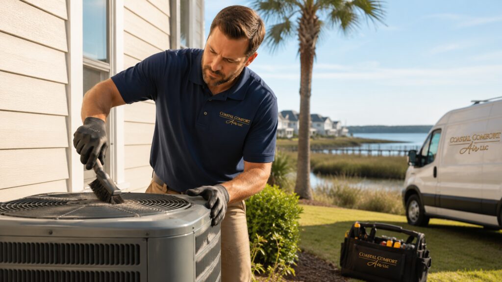 Coastal Comfort Air technician cleaning an outdoor air conditioning unit at a coastal home.