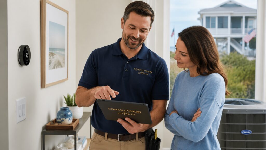 Coastal Comfort Air technician reviewing HVAC service information with a homeowner beside an indoor air conditioning unit.