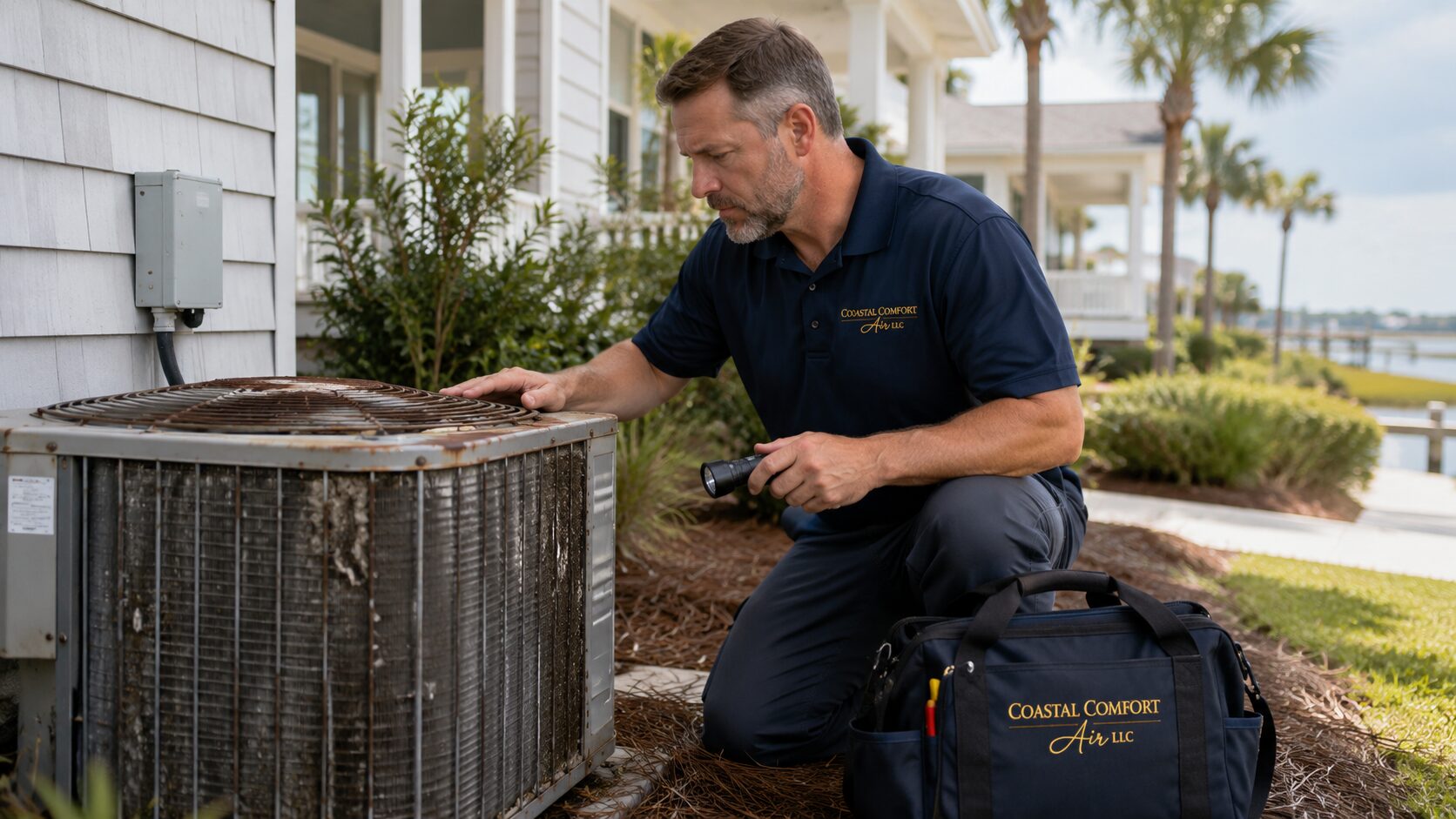 Technician inspecting an aging outdoor HVAC unit at a coastal North Carolina home