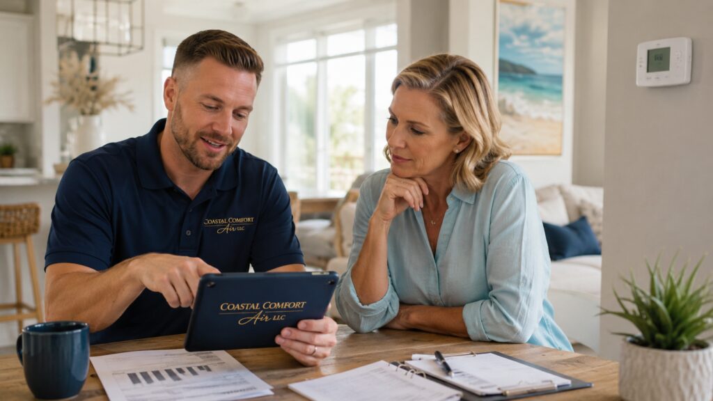 Coastal Comfort Air technician reviewing HVAC replacement options with a homeowner