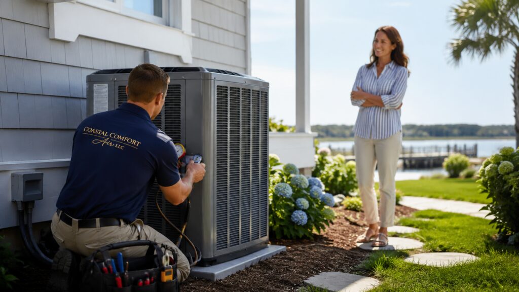 Technician installing and testing a new residential HVAC system outside a Wilmington-area home