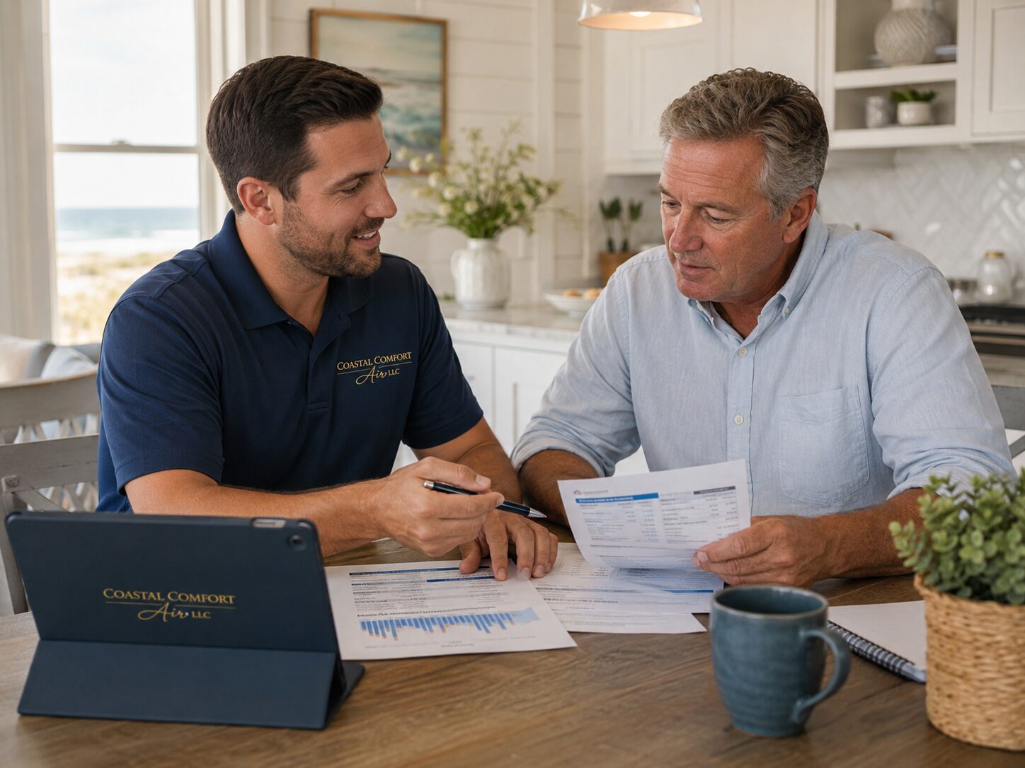 Coastal Comfort Air technician reviewing a homeowner’s rising energy bills and HVAC efficiency options