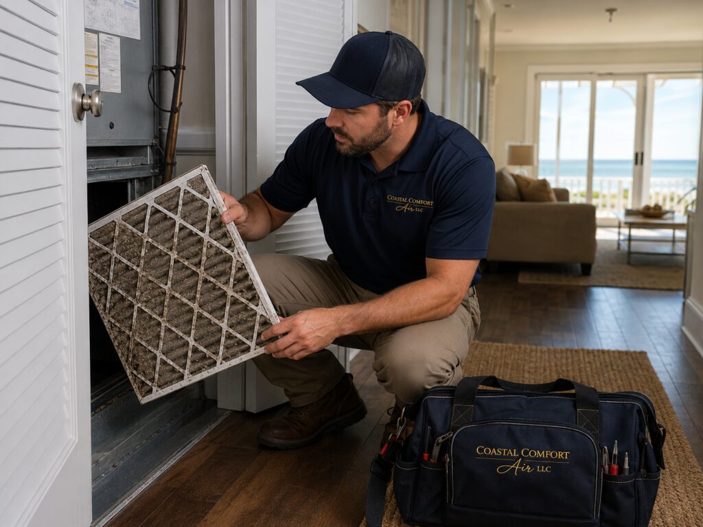 HVAC technician inspecting a heavily clogged air filter inside a coastal North Carolina home